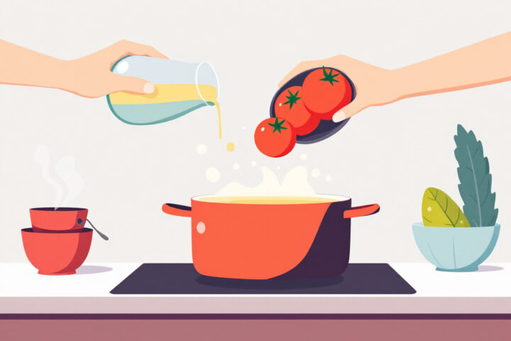 Aggiunta del brodo e dei pomodori pelati
