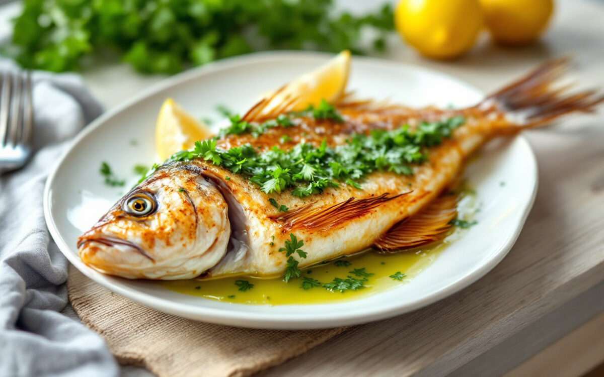 Branzino al forno con salsa di prezzemolo e limone