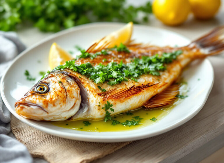 Branzino al forno con salsa di prezzemolo e limone