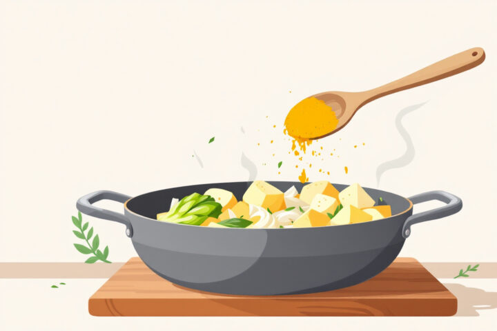 Carciofi, patata e curcuma mescolati insieme nella pentola
