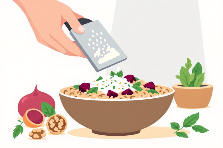 Grattugia di ricotta salata sopra l'insalata di farro e barbabietola