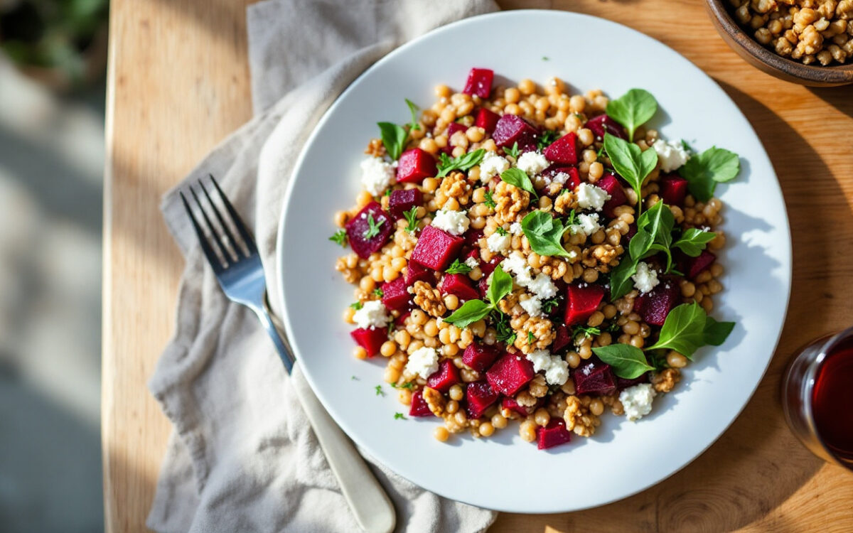 Insalata di farro con barbabietola, noci e ricotta salata