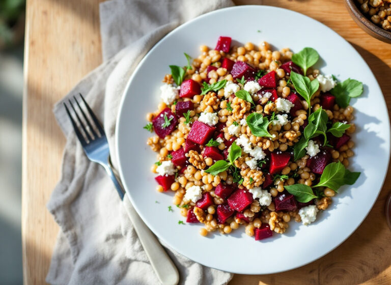 Insalata di farro con barbabietola, noci e ricotta salata