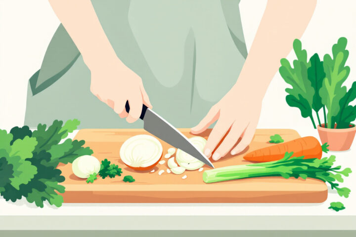 Preparazione del soffritto: cipolla, carota e sedano tagliati a dadini