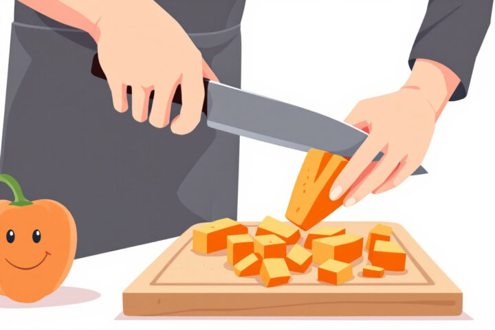 Taglio delle patate dolci a cubetti