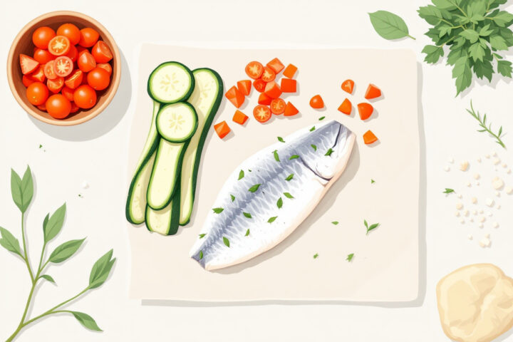 Verdure e branzino disposti su carta da forno