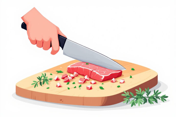 Coltello da chef che trita a mano il filetto di tonno fresco a pezzi rustici sul tagliere