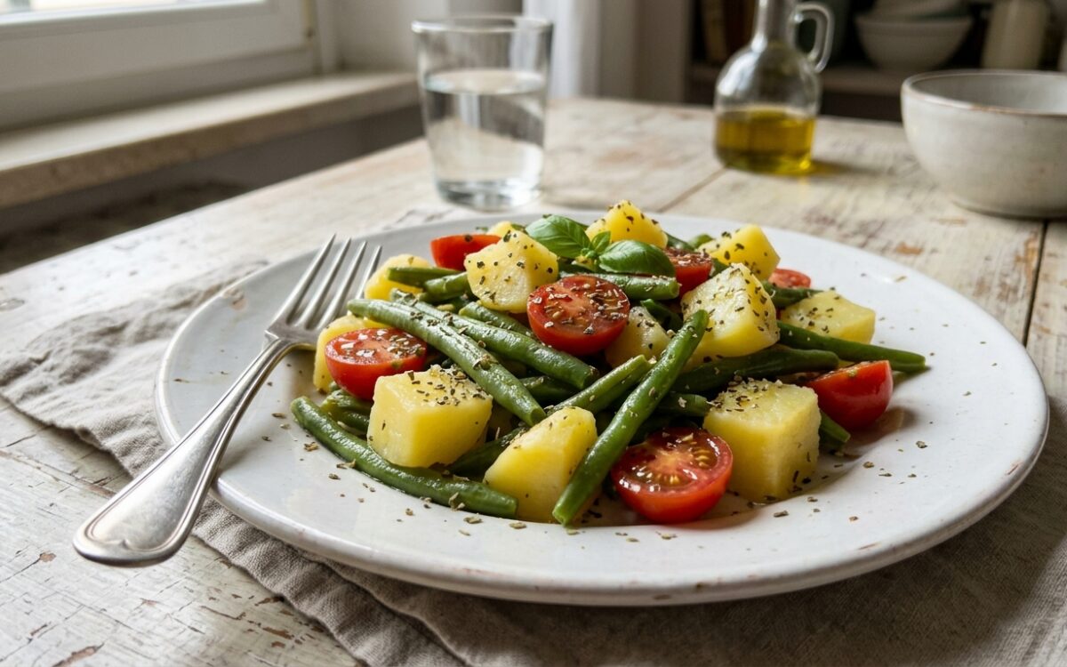 Fagiolini e patate all’insalata con pomodorini e origano