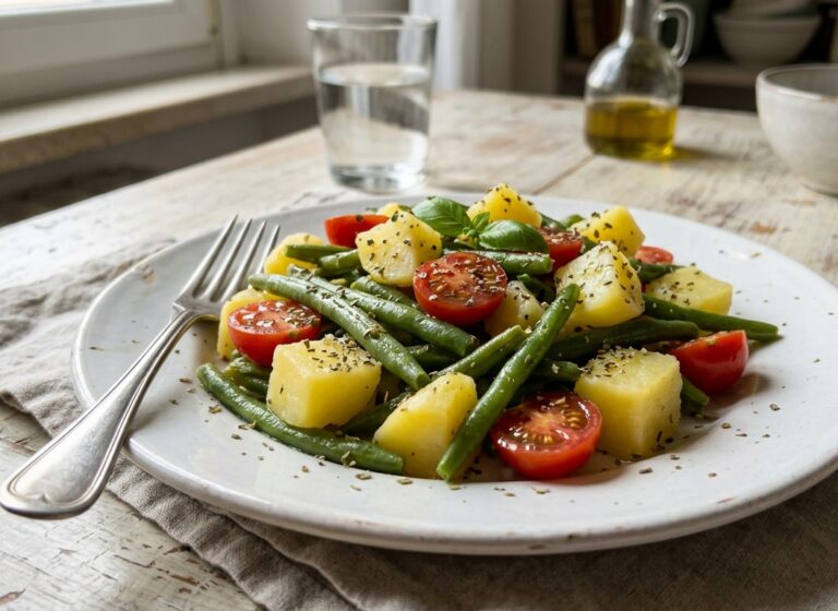 Fagiolini e patate all’insalata con pomodorini e origano