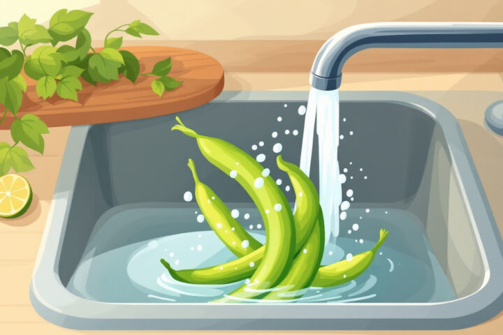Fagiolini freschi lavati sotto l'acqua corrente