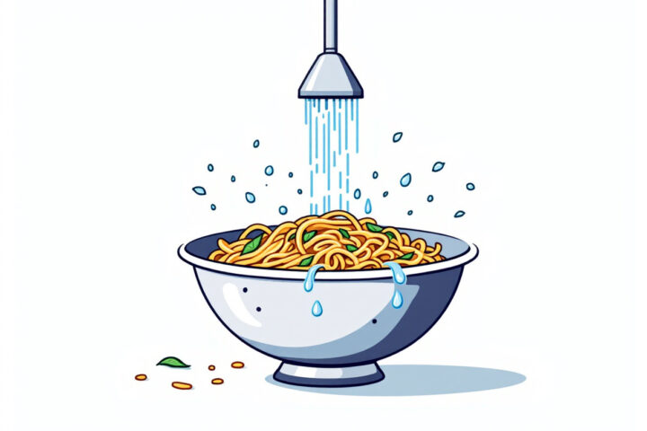 Pasta di grano saraceno scolata e raffreddata sotto acqua corrente