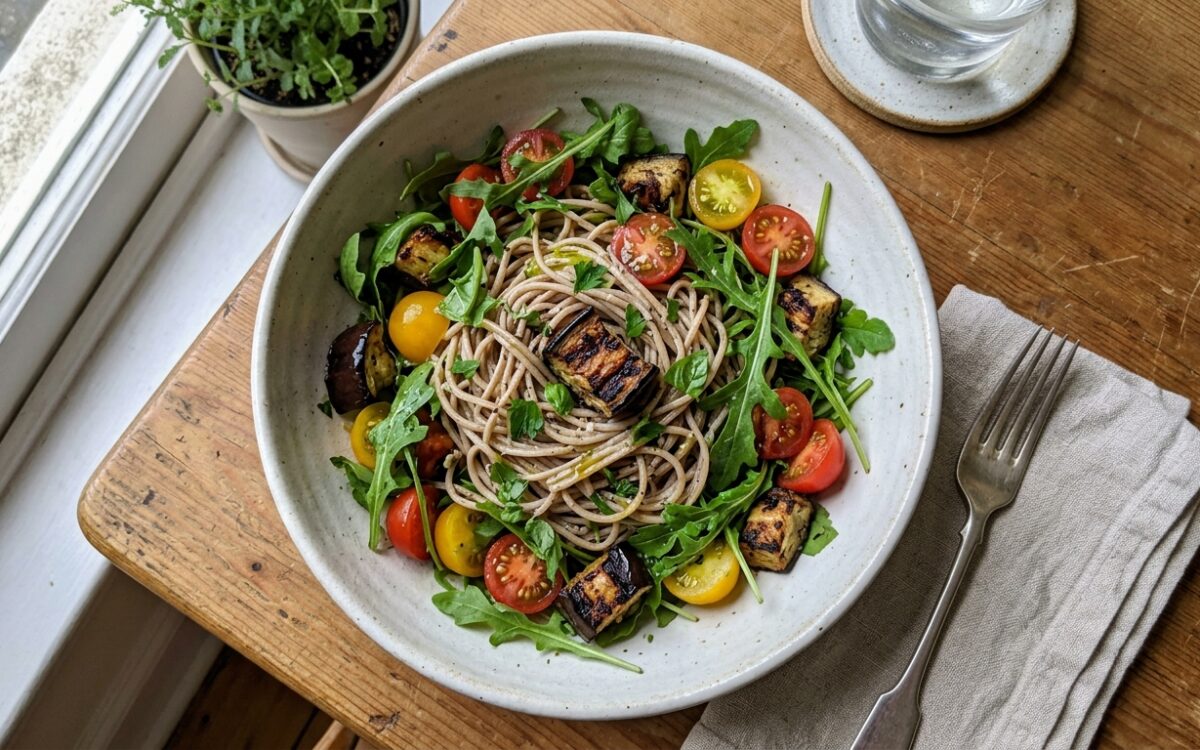Pasta fredda di grano saraceno con melanzane grigliate e rucola
