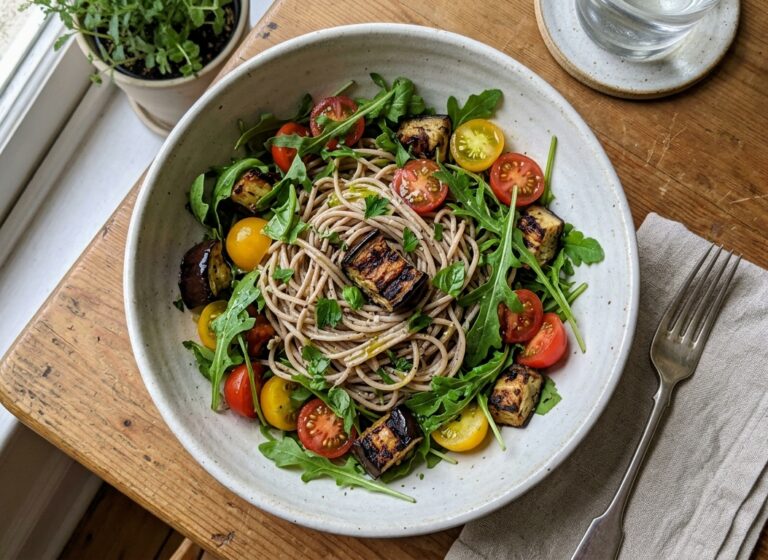 Pasta fredda di grano saraceno con melanzane grigliate e rucola