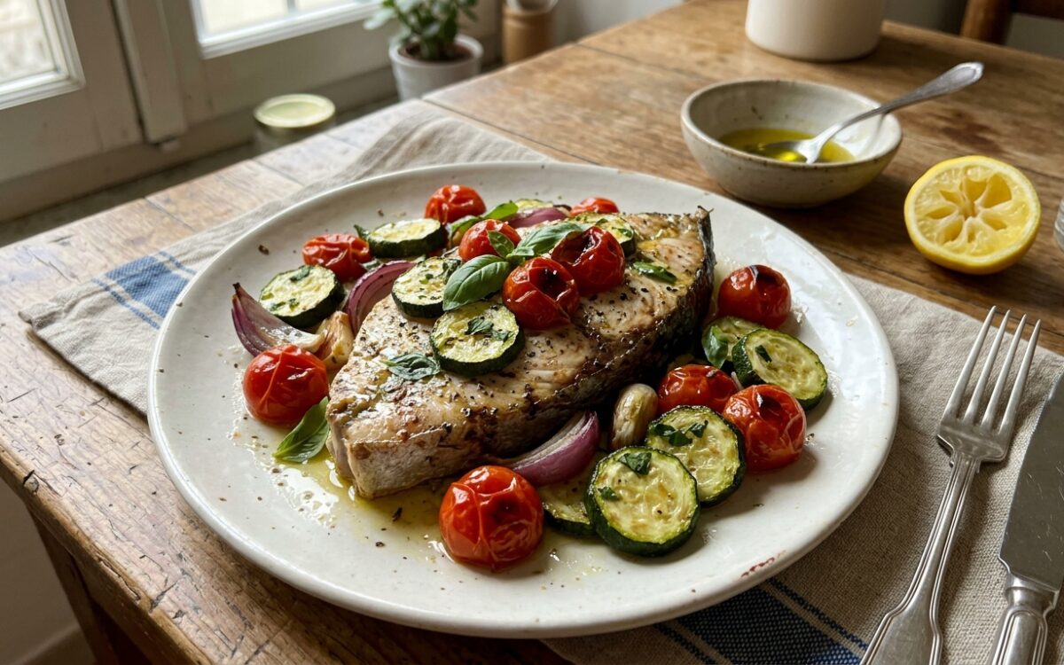 Pesce spada al forno con pomodorini, zucchine e basilico