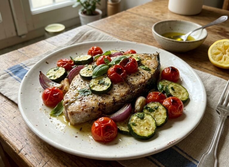 Pesce spada al forno con pomodorini, zucchine e basilico