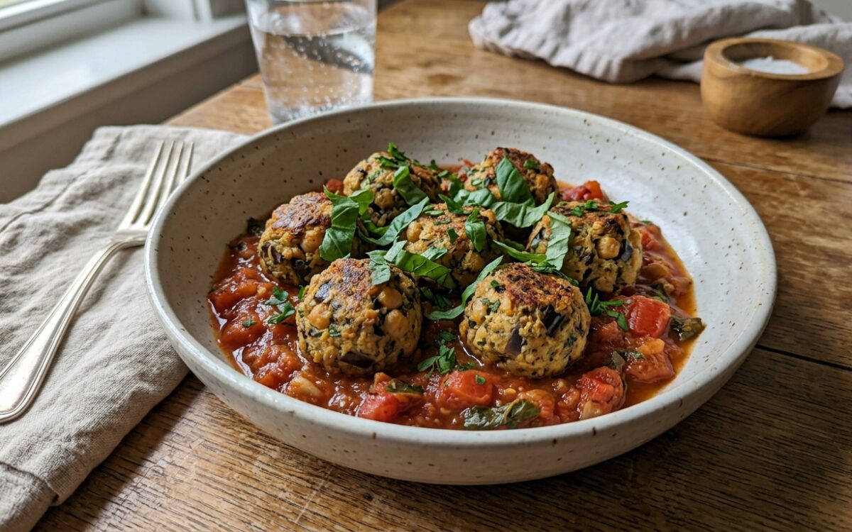 Polpette di melanzane e ceci al forno con sugo di pomodori freschi