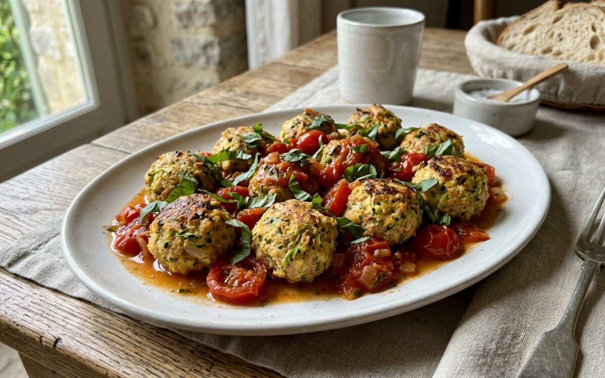 Polpette di tonno e zucchine al forno con salsa di pomodori freschi