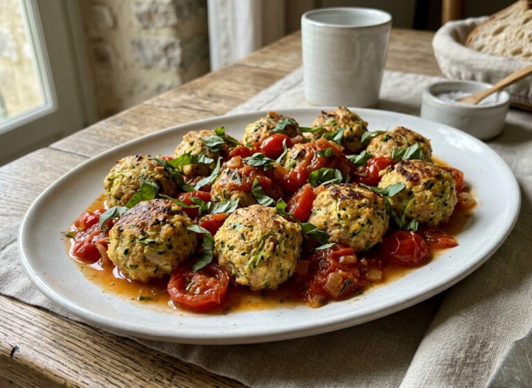 Polpette di tonno e zucchine al forno con salsa di pomodori freschi