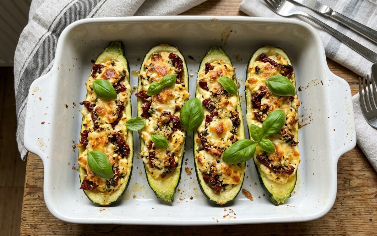Zucchine ripiene di ricotta, basilico e pomodori secchi al forno