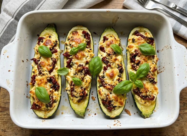 Zucchine ripiene di ricotta, basilico e pomodori secchi al forno