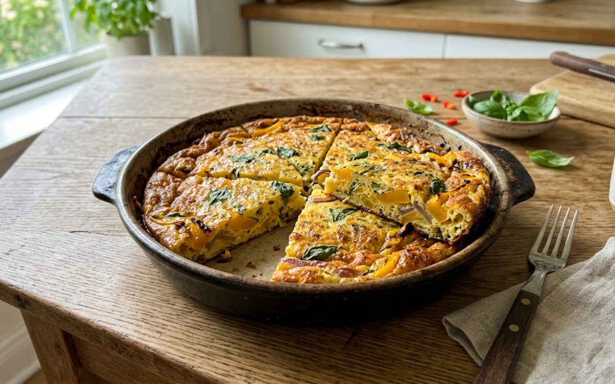 Frittata di peperoni gialli e cipolla al forno con erbe aromatiche
