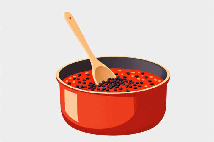 Lenticchie nere mescolate con la base di pomodori e peperoni prima del brodo