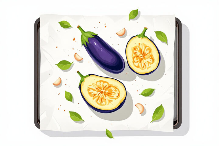 Melanzane e aglio in forno su carta forno, con la polpa dorata e arrostita