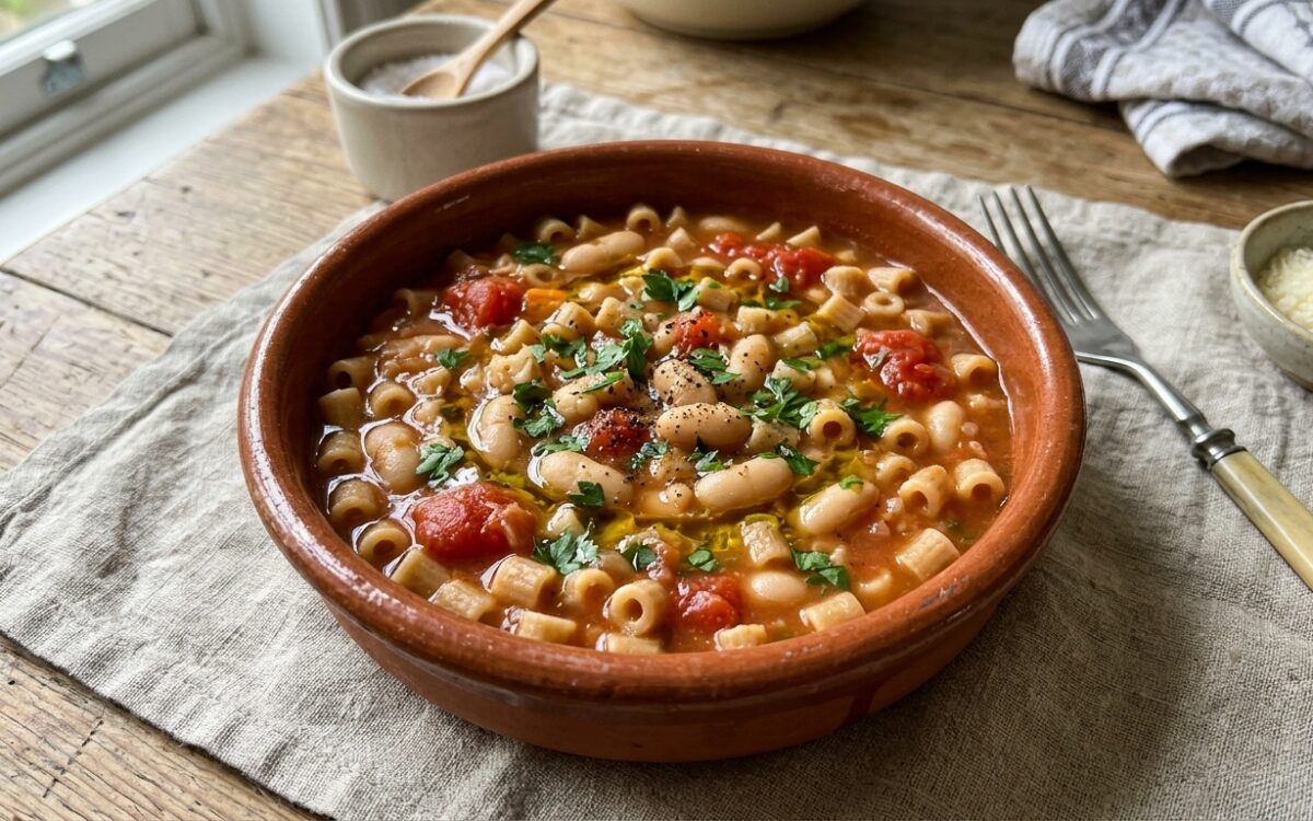 Pasta e fagioli cannellini con pomodori freschi e prezzemolo