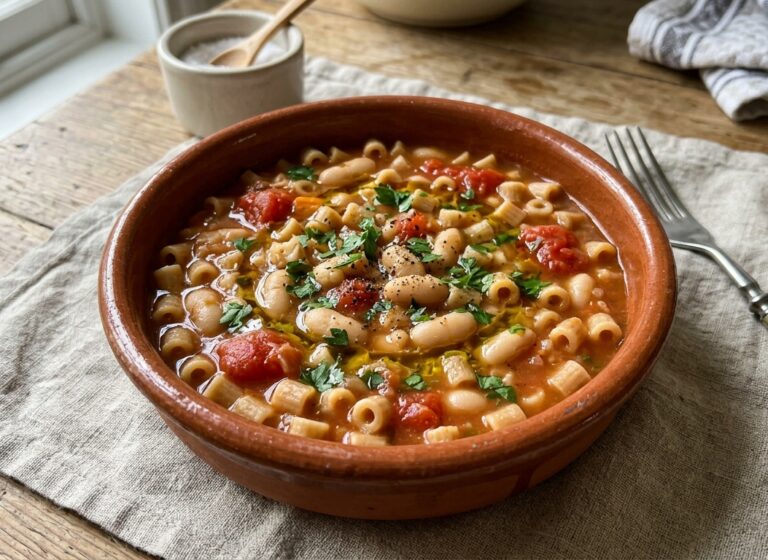 Pasta e fagioli cannellini con pomodori freschi e prezzemolo