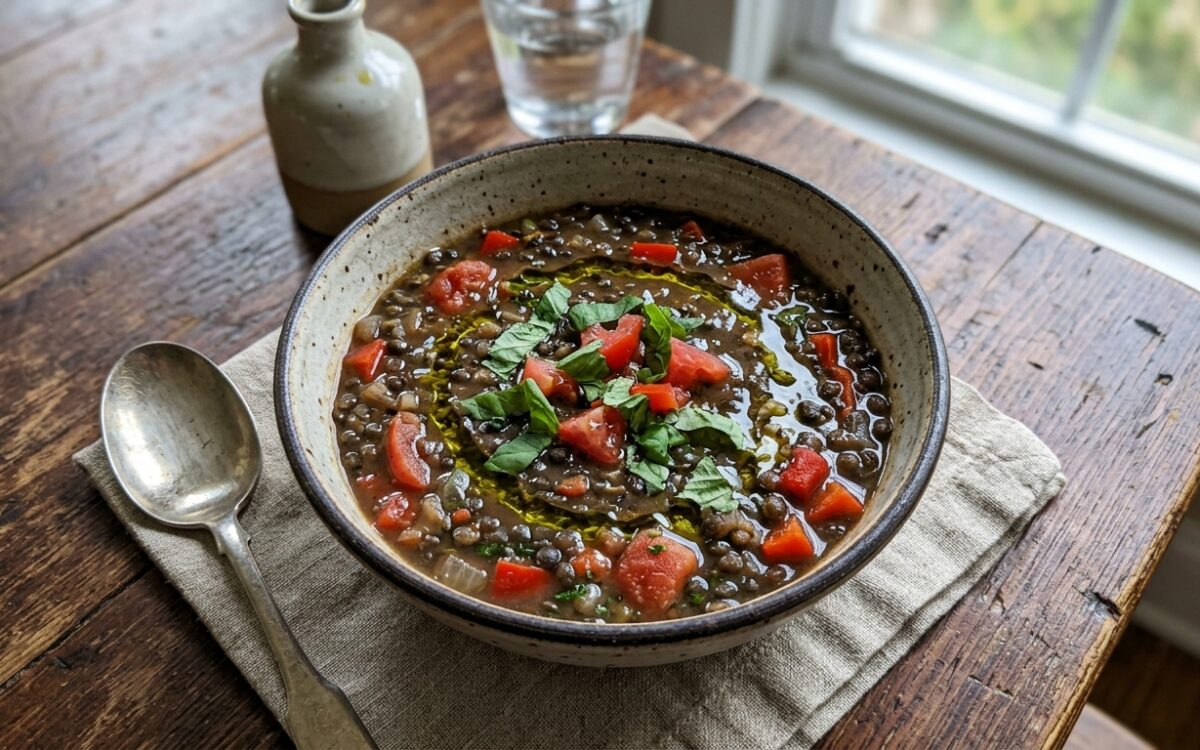 Zuppa di lenticchie nere con pomodori freschi e peperoni