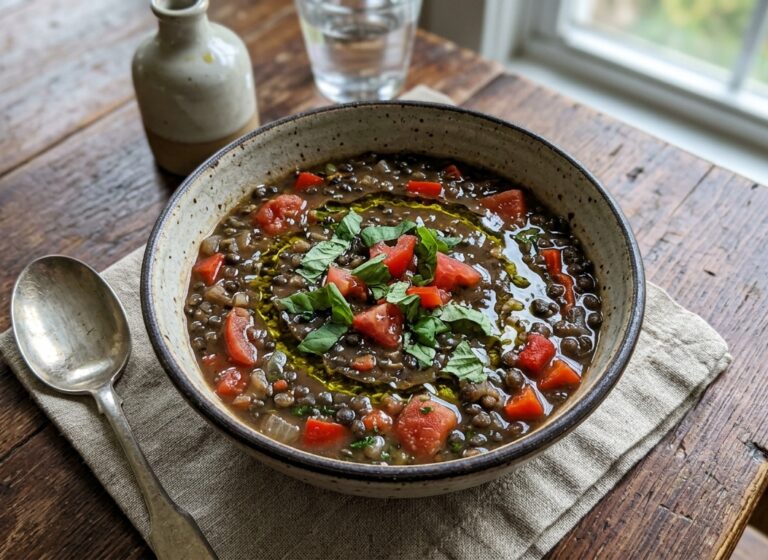 Zuppa di lenticchie nere con pomodori freschi e peperoni